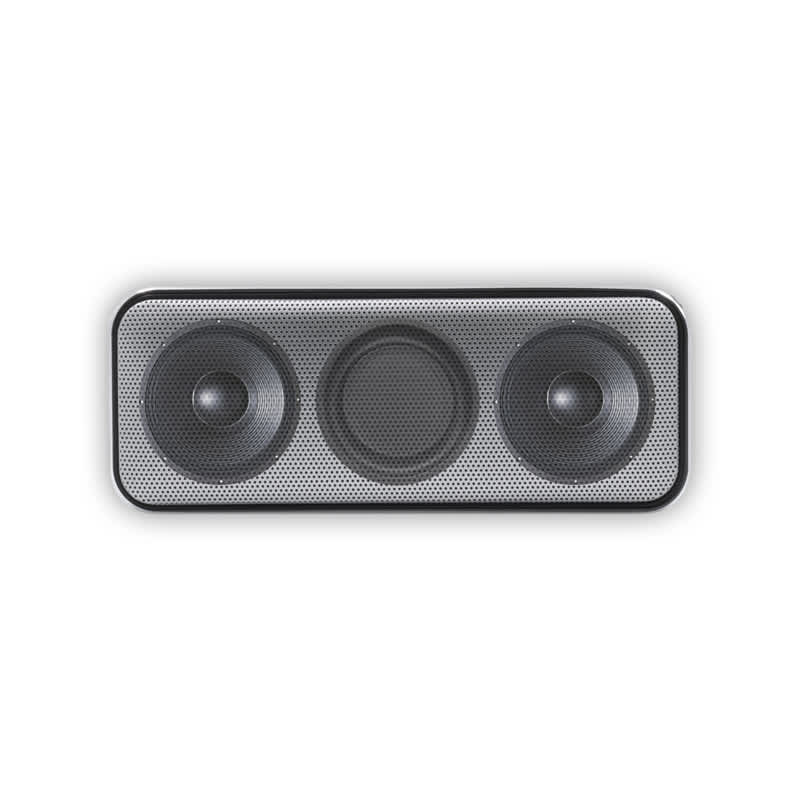 A Bluetooth speaker in black and silver featuring two speakers and a central driver, with a textured surface and logo. Nano Pro Bluetooth Speaker - Image 1