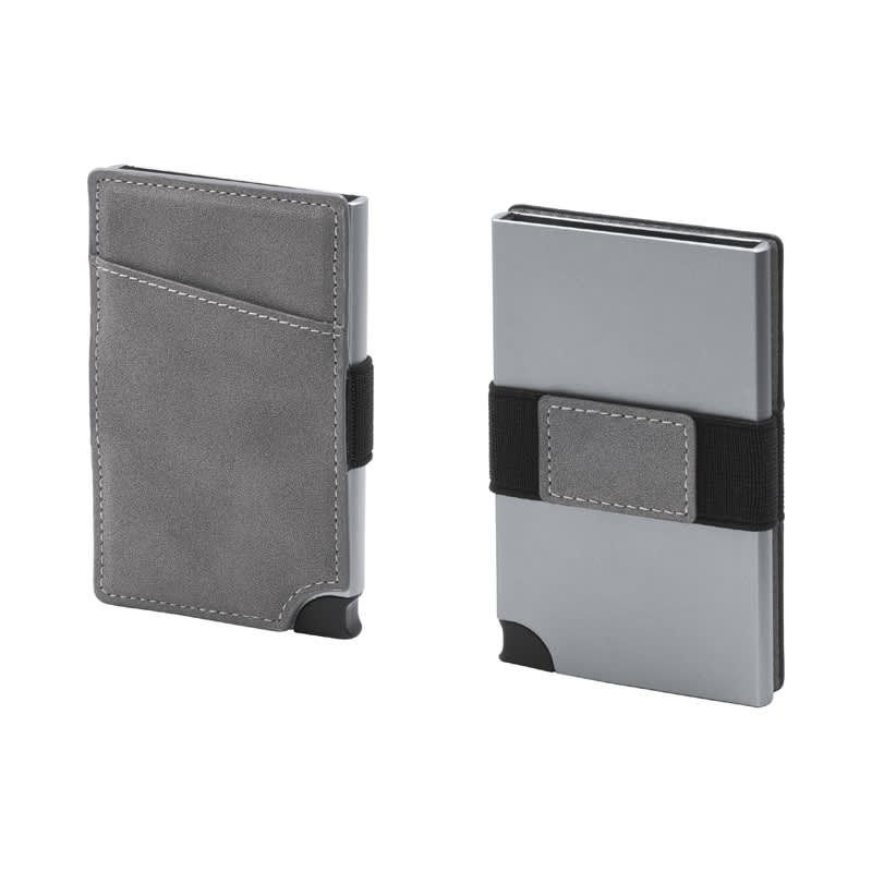 A grey vegan RFID wallet featuring a card slot and an elastic strap. It has a sleek design and minimal branding. Wally Carta Vegan RFID Wallet - Image 1
