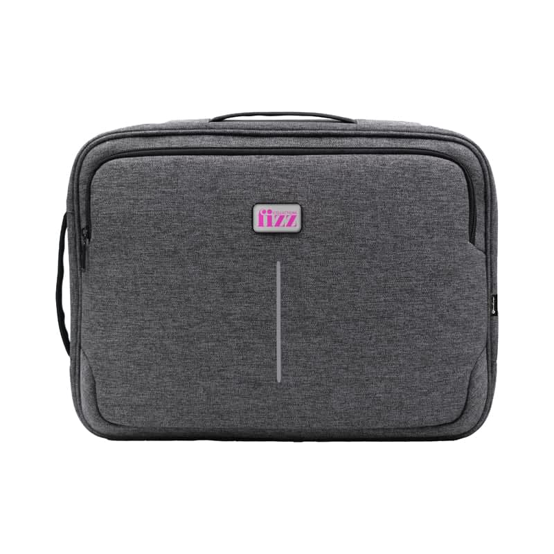 A grey laptop bag with a front pocket and a branded logo. It features a sleek design and sturdy handle. Specter Hybrid Computer Bag (Stock) - Image 1