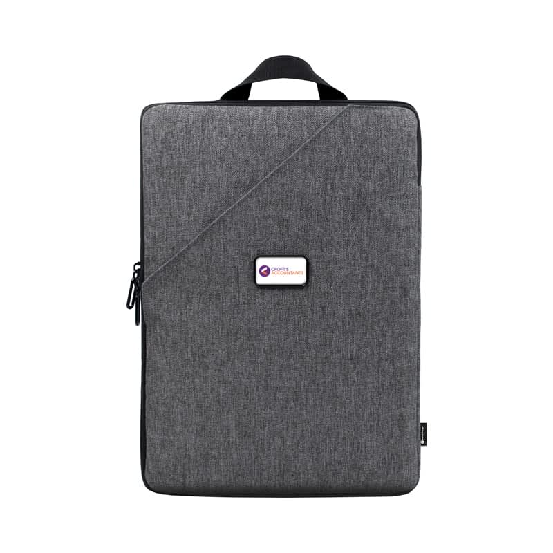 A grey laptop sling bag with a handle and a logo on the front. It features a zip closure and a minimalist design. Specter Go Laptop Sling Bag (Stock) - Image 1