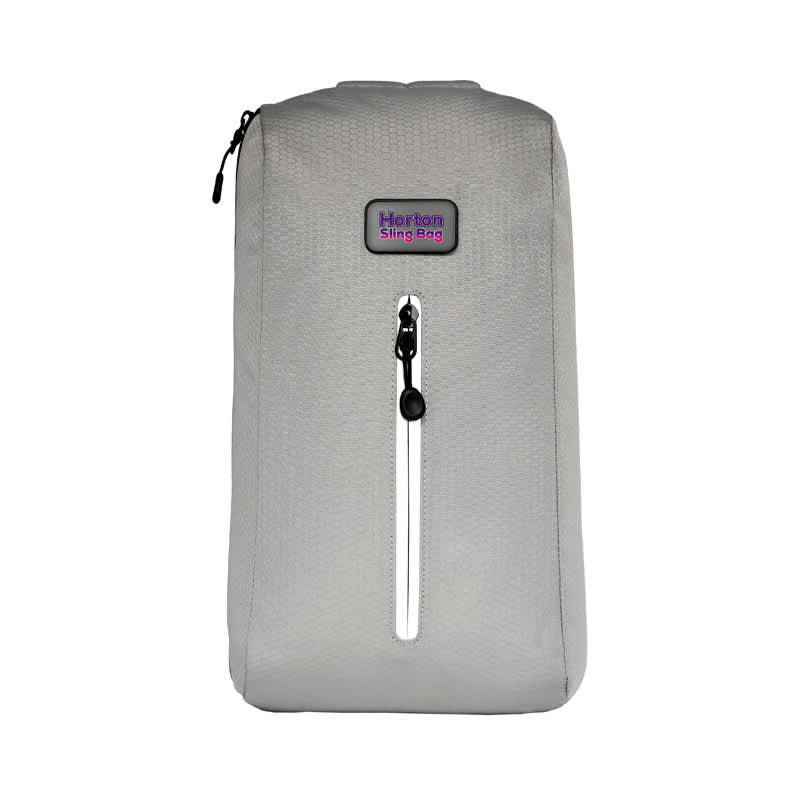 A grey Sling Eco Bag with a zippered compartment and a small logo at the top. Sling Eco Bag - Image 1