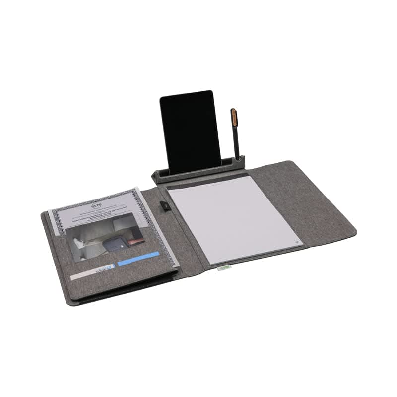 A grey business folio with a notepad, a stand for a phone or tablet, and a pen holder. Noty Folio Eco (Business Folio) - Image 1