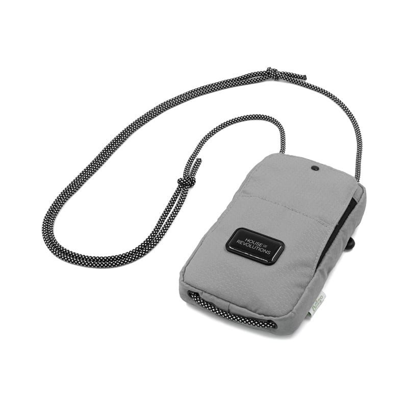 A grey eco-friendly bag with a black strap and a logo, designed for carrying small essentials. Solo Eco Essentials Bag - Image 1