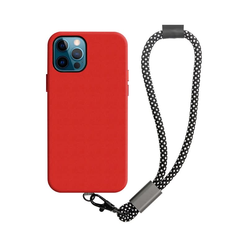 A red phone case with a black and white patterned wrist strap, featuring a metal clip and a logo. Lany Wristband Eco Phone Strap - Image 1