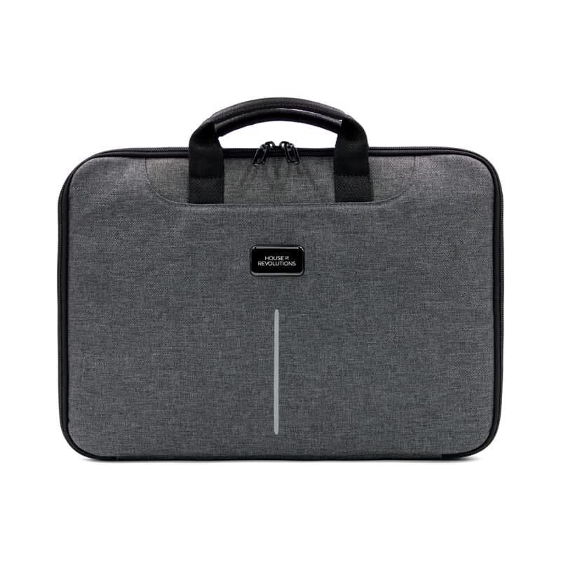 A laptop case in grey fabric with black handles and a logo tag. Features a zip closure and a sleek design. Specter 2 Eco Laptop Bag (Stock) - Image 1