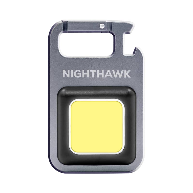 A silver multi-tool featuring a square LED light, with a built-in keyring attachment and a branding logo. Nighthawk COB LED Multi-tool - Image 1
