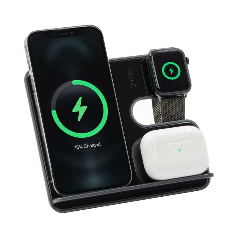 A wireless charging stand featuring a black finish, designed to charge a phone, smartwatch, and earbuds simultaneously. Ascend Charge Pro Eco 15W 3n1 Stand - Image 1