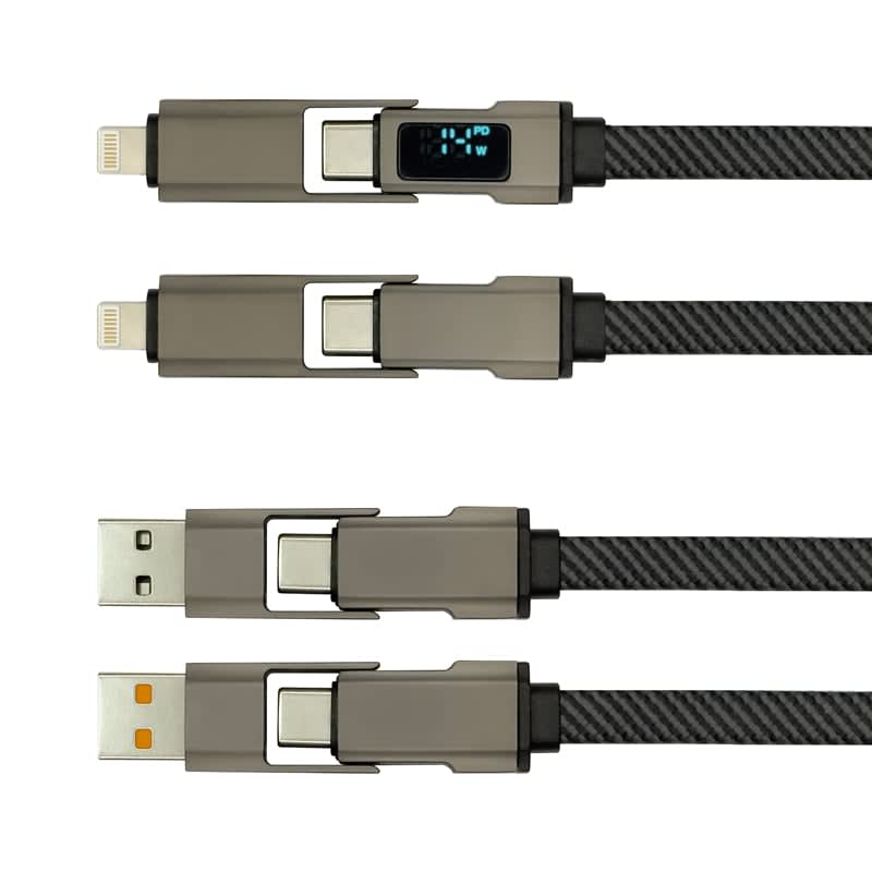 A grey and black fast charging cable with a digital display, featuring multiple connector types and a sleek design. Thor Eco PD 65W Digital 4n1 Data / Fast Charging Cable - Image 1