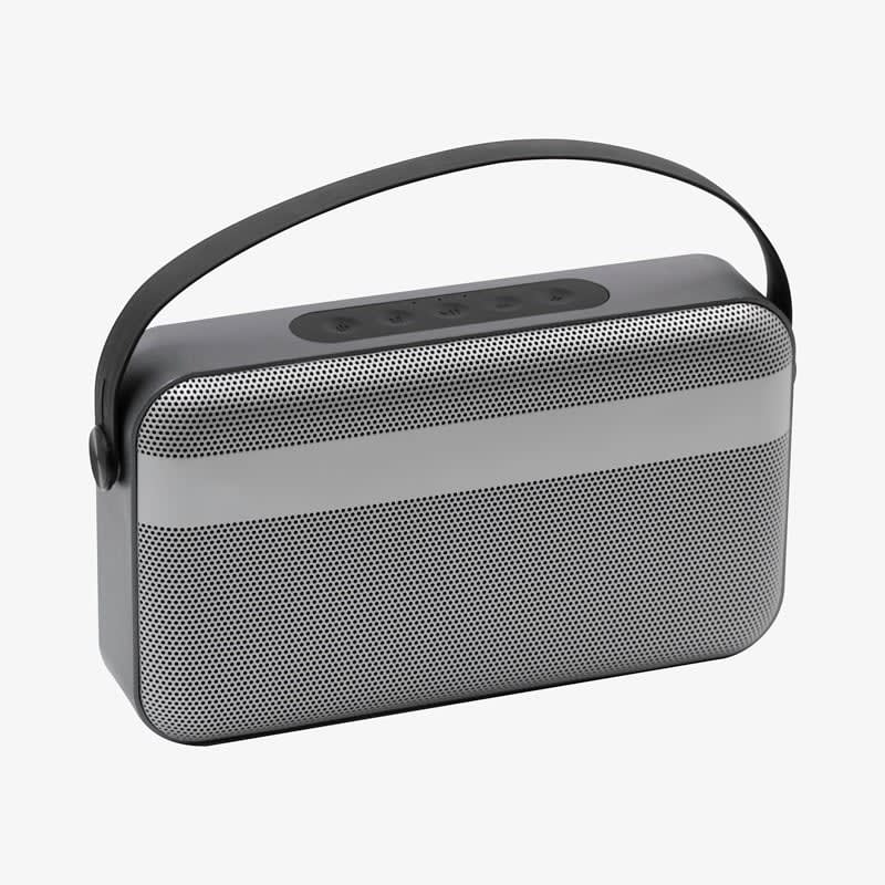 A wireless speaker in black and silver with a handle and control buttons on top. It has a metallic finish and a logo. Nano Beast Premium Wireless Speaker - Image 1