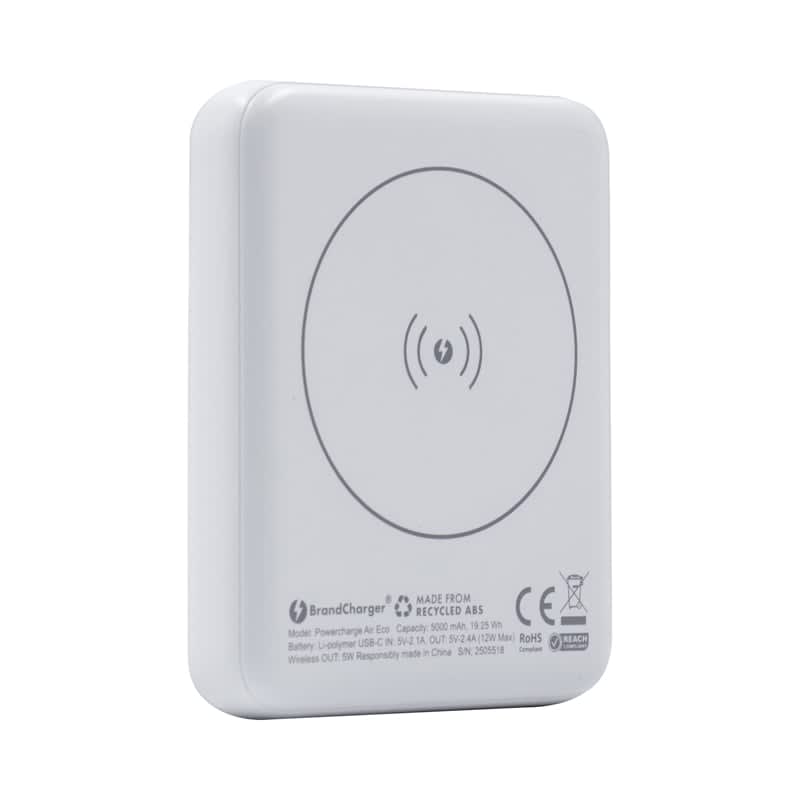 A white magnetic wireless power bank with a circular charging symbol on the surface and a branding logo. Powercharge Air Eco 5000 mAh Magnetic Wireless Power Bank - Image 1