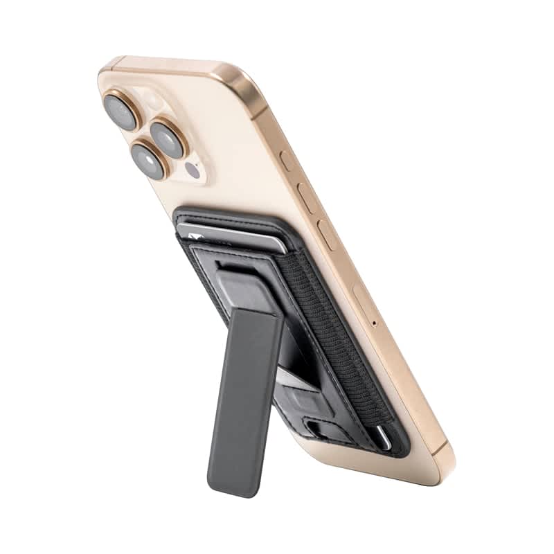 A phone stand with a black holder attached to a gold smartphone, featuring a back support for stability. Wally Stand - Image 1