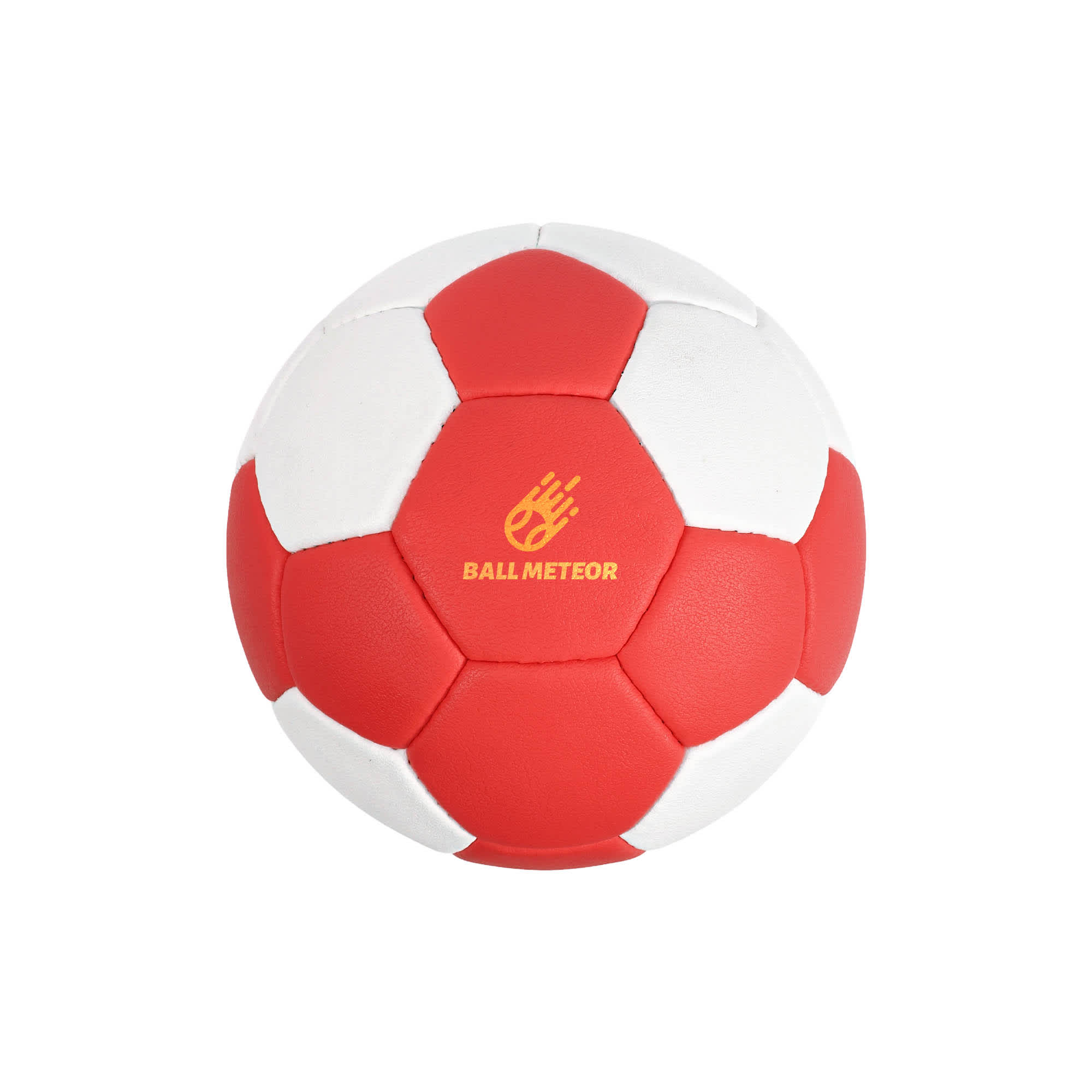 A red and white hand-stitched handball featuring a logo. The ball has a traditional panel design. Hand-stitched Handball - Image 1