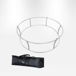 A Sky Tube Circle Hanging Banner frame in silver, accompanied by a black carrying bag.
