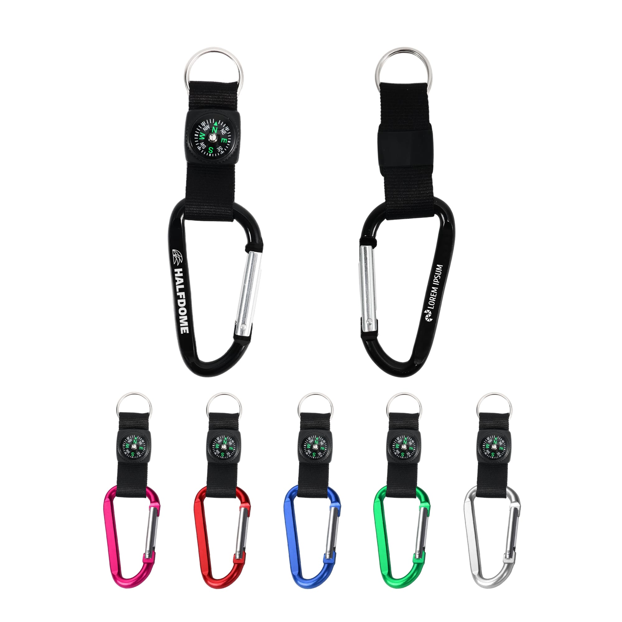 A black carabiner keychain featuring a compass, alongside keychains in red, blue, green, pink, and silver. Carabiner with Compass Keychain - Image 1