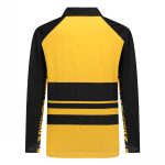A yellow and black Hawaiian shirt featuring a striped design with a collar and long sleeves. It has a logo on it.