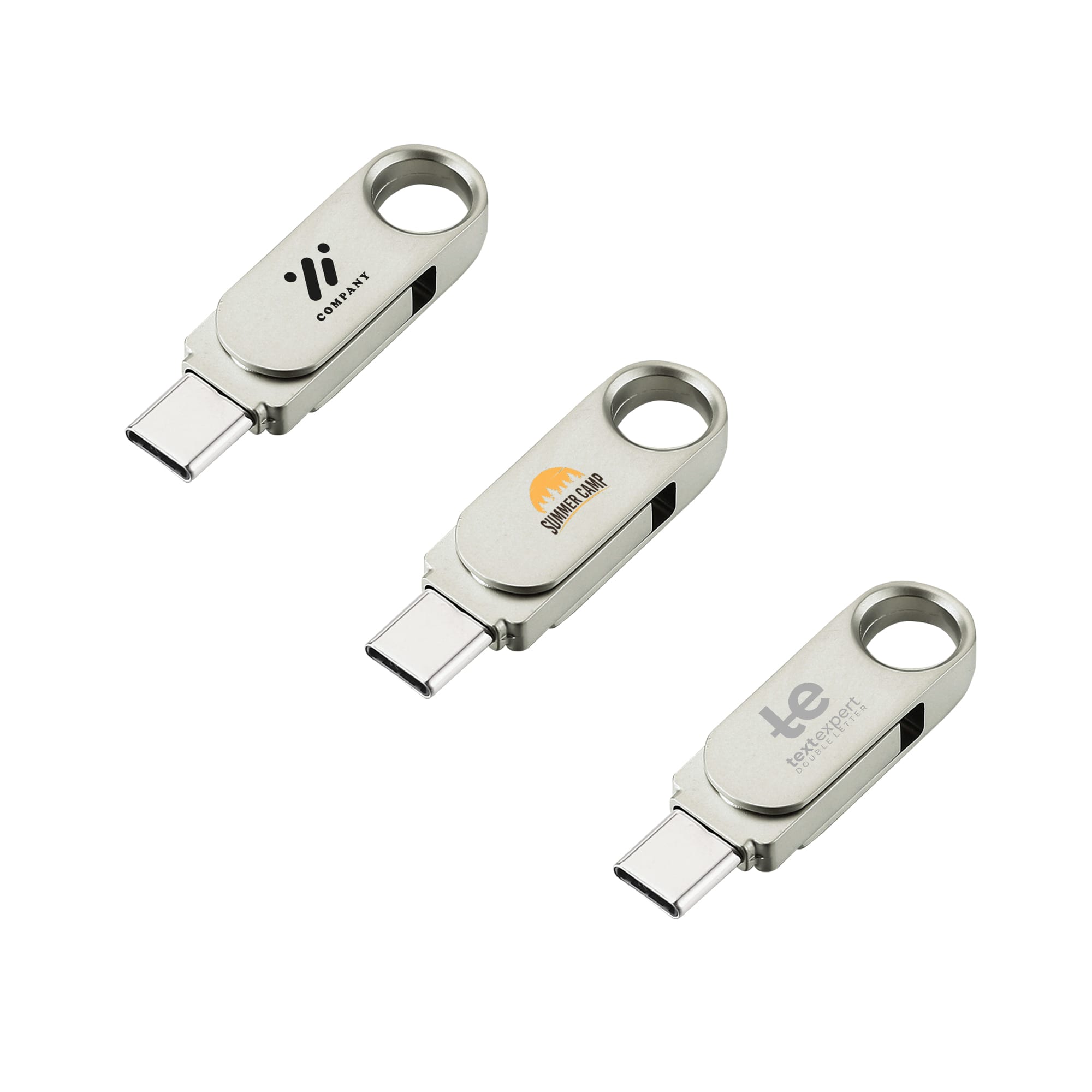 A silver Type-C flash drive with a swivel design, featuring multiple branding logos on each side. SpinLink Type-c Flash Drive - Image 1