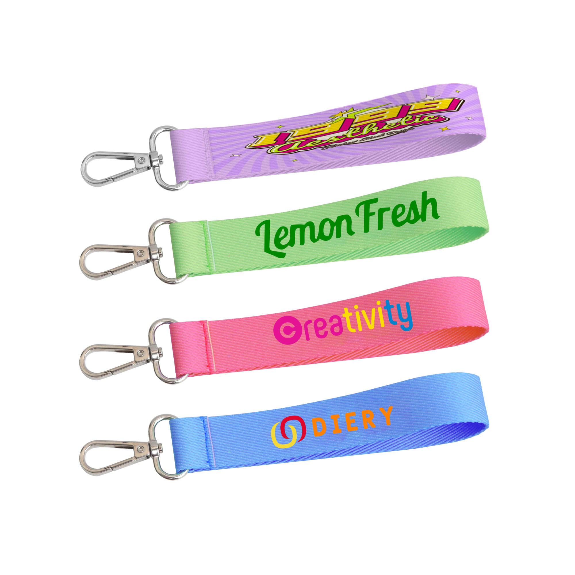 A set of four colourful sublimation keyrings in green, pink, purple, and blue, each with a different printed design. Sublimation Keyring - Image 1