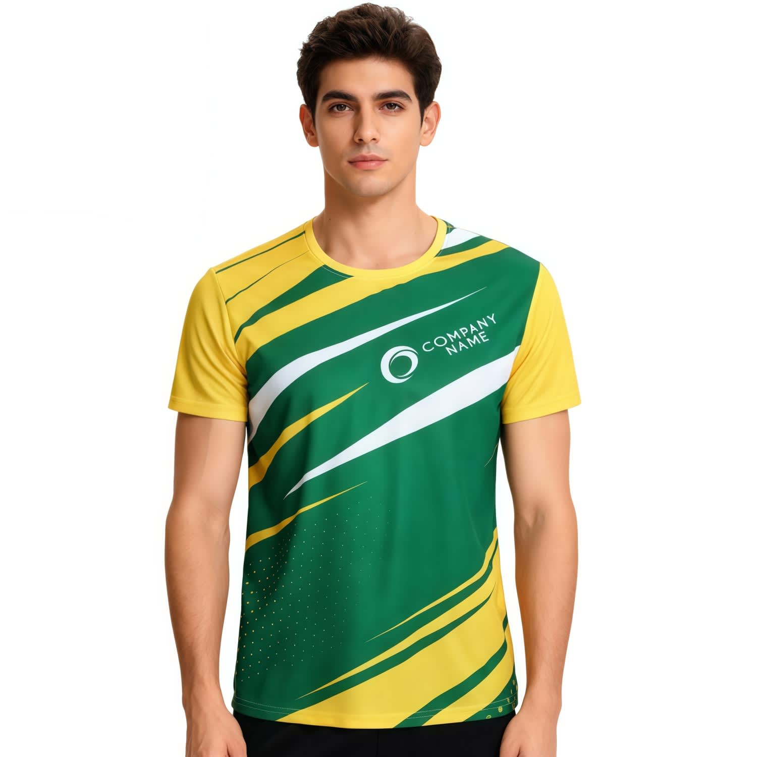 A sports tee shirt in green and yellow with abstract designs and a logo. Ideal for athletic wear. 100% Polyester Sublimated Sports Tee Shirt - Image 1