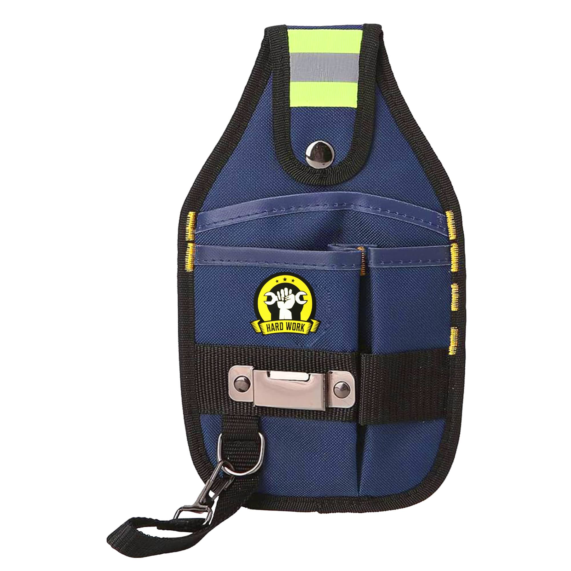 A portable tool waist pouch in navy blue with yellow highlights and a logo. Features multiple pockets and a clip. Portable Tool Waist Pouch - Image 1