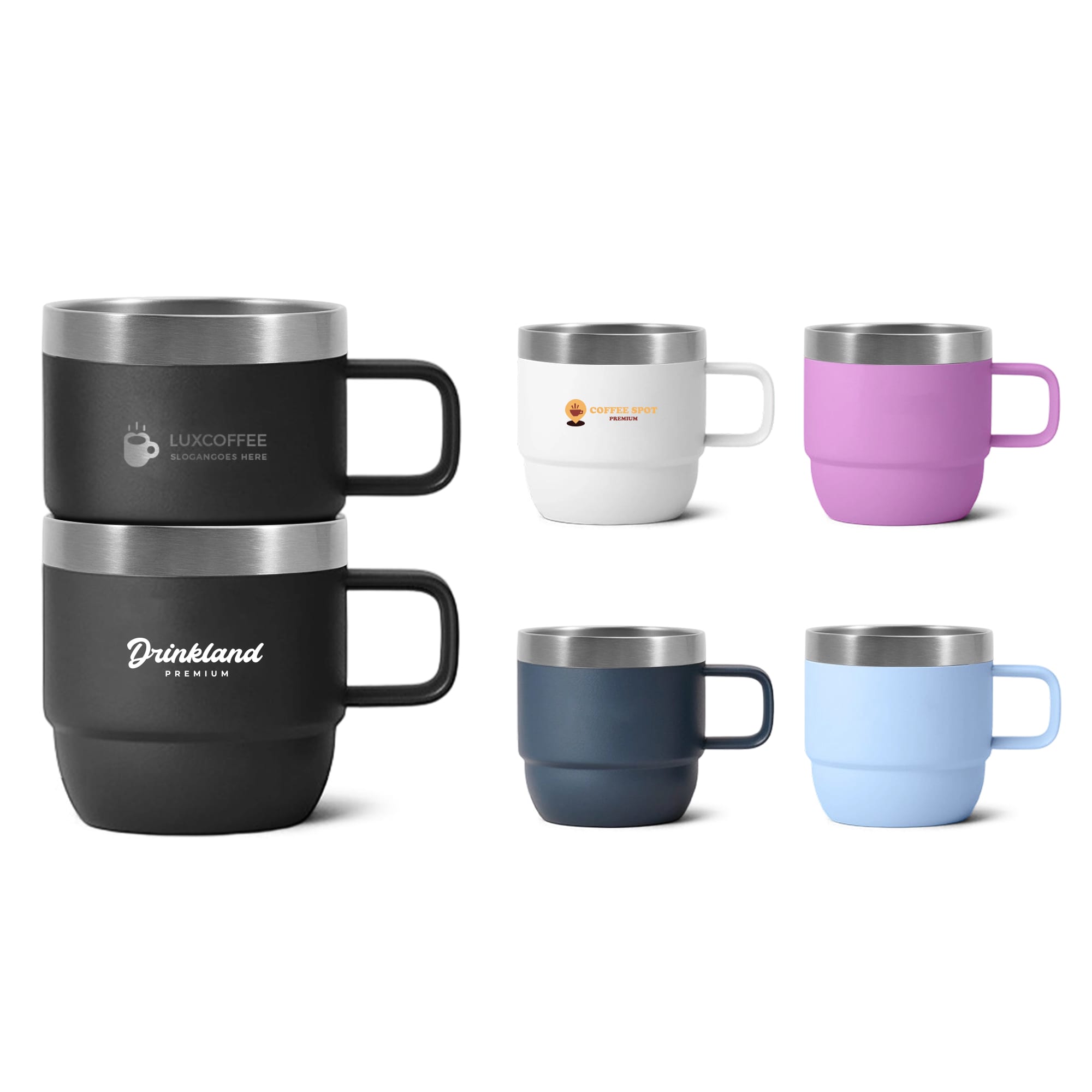 A stackable stainless steel mug set featuring black, white, pink, navy, and blue colours, with various logos. Stackable Stainless Steel Mug - Image 1