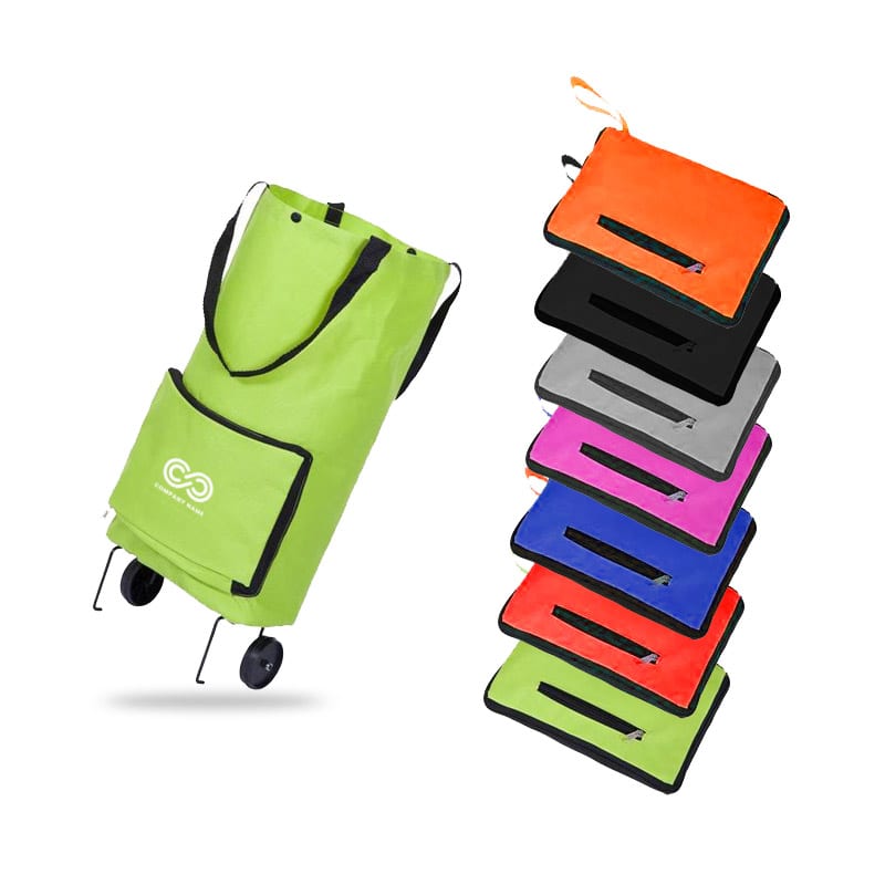 A green collapsible shopping trolley bag with wheels alongside various coloured foldable bags. All feature zippers. Collapsible Shopping Trolley Bag - Image 1