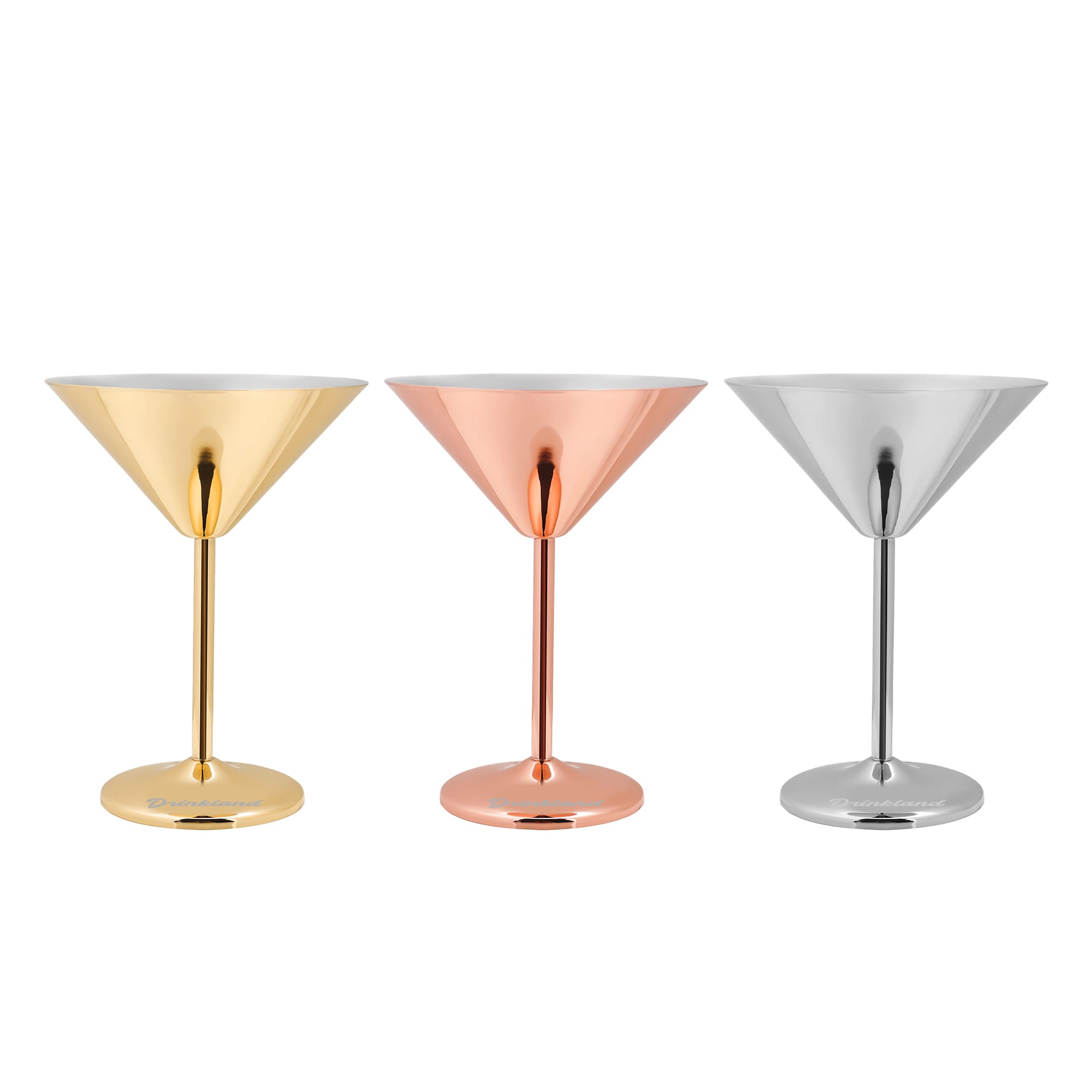 A set of three stainless steel martini goblets in gold, rose gold, and silver with a sleek design and a base. Stainless Steel Martini Goblet - Image 1
