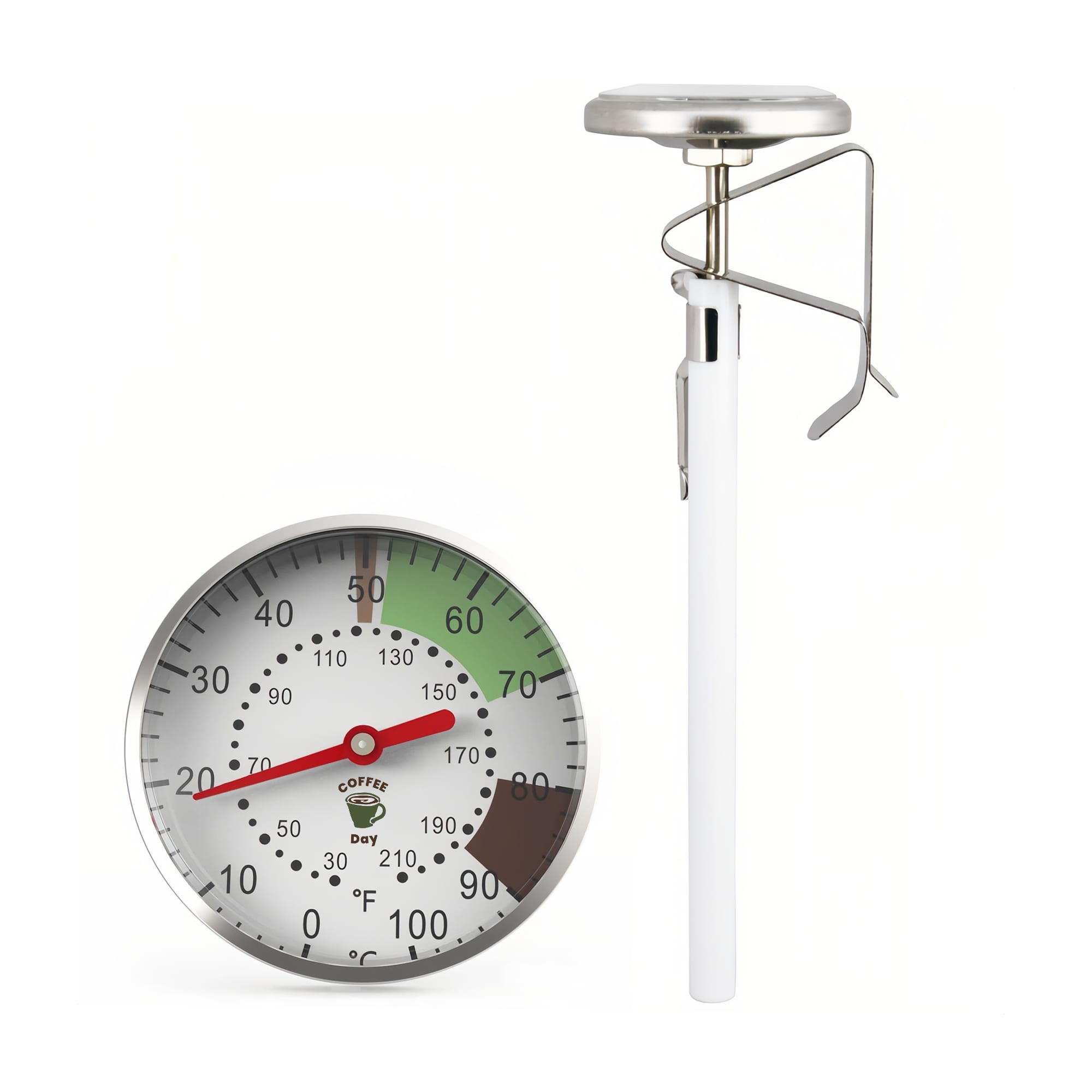 A stainless steel dial thermometer with a white stem, featuring a large, easy-to-read gauge. Instant Read Dial Thermometer - Image 1