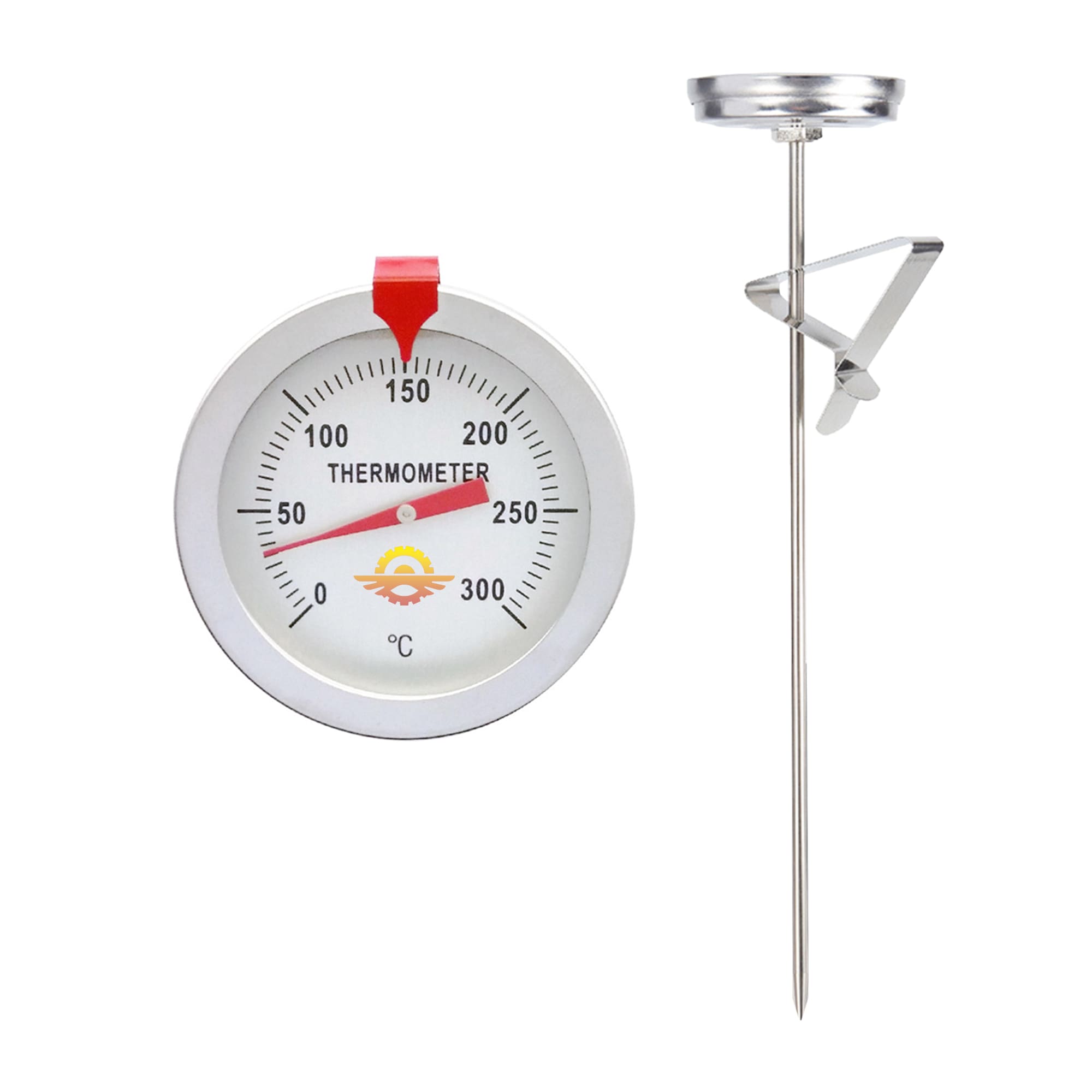 A stainless steel deep fry thermometer with a red indicator, featuring a dial and a metal probe attachment. Deep Fry Thermometer With Instant Read - Image 1