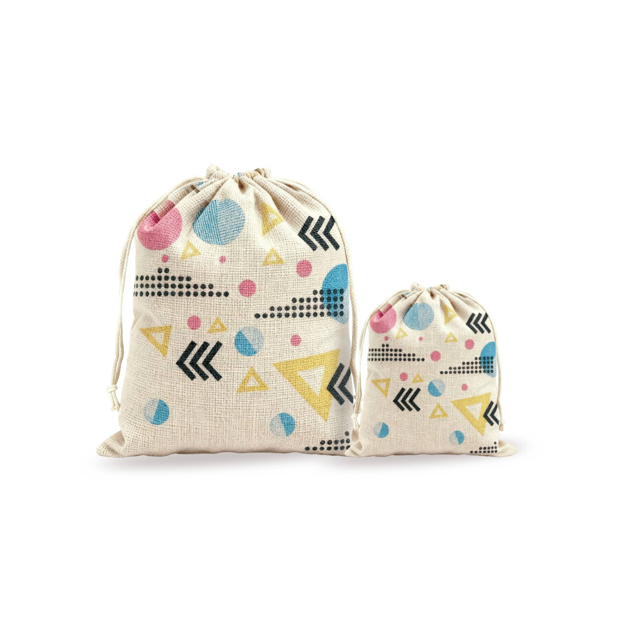 Cotton linen drawstring bags in natural colour featuring geometric patterns in pink, blue, yellow, and black. Cotton Linen Drawstring Bags - Image 1