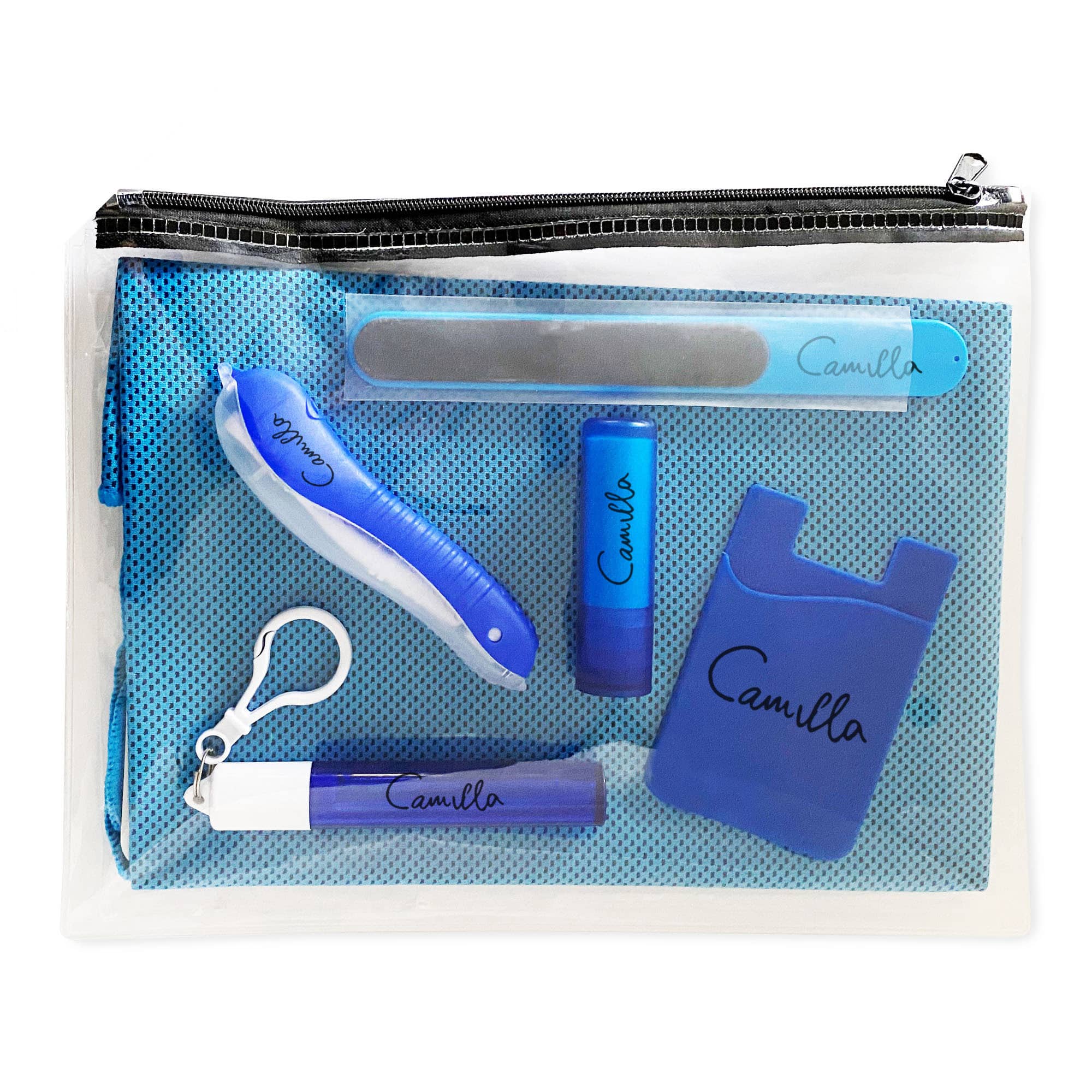 A transparent pouch containing various blue personal care items, including a nail file, bottle, and a small tool with a logo. Travel Bundle - Image 1