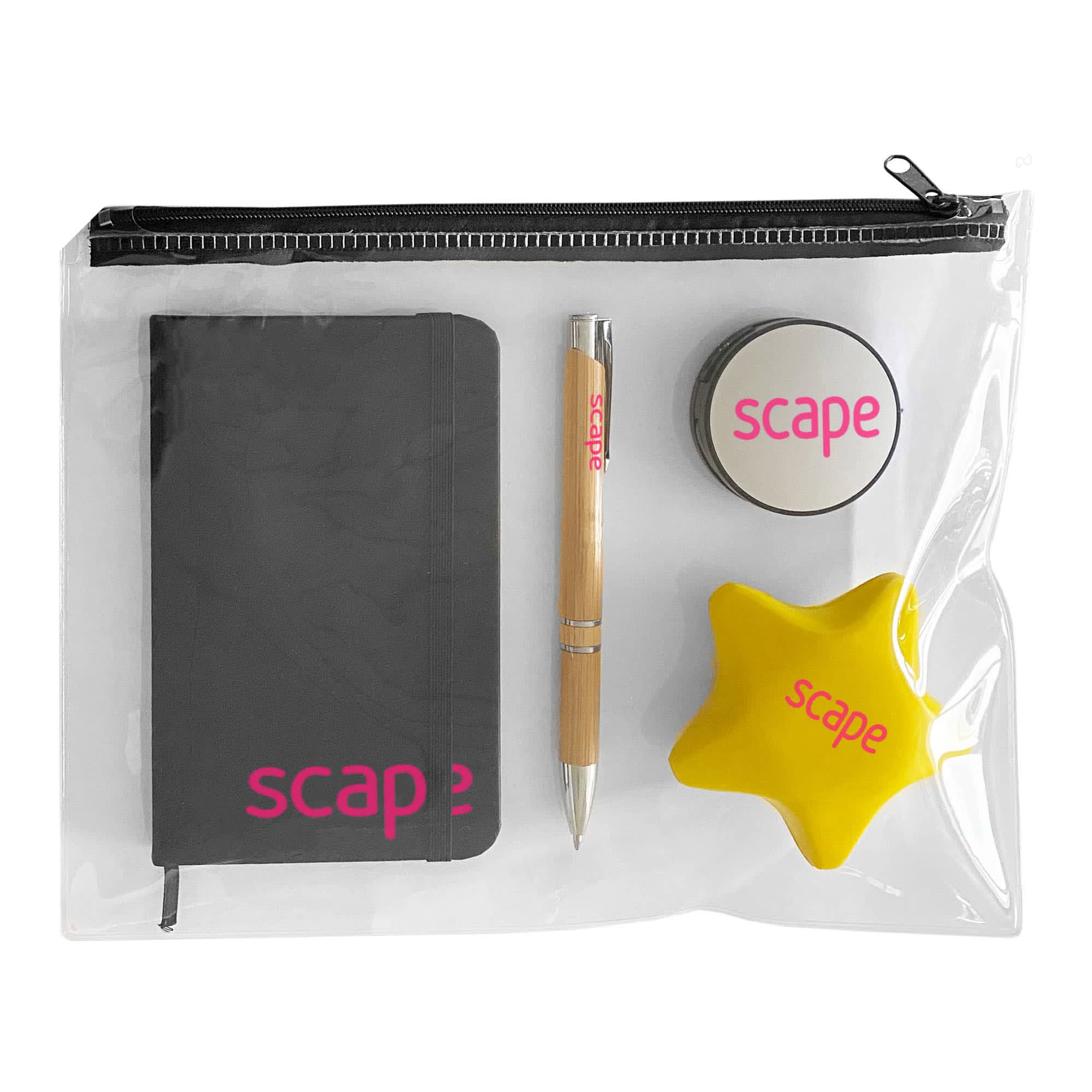A clear pouch containing a black notebook, a yellow star stress ball, a pen, and a small container, all featuring a logo. Star Employee Bundle - Image 1