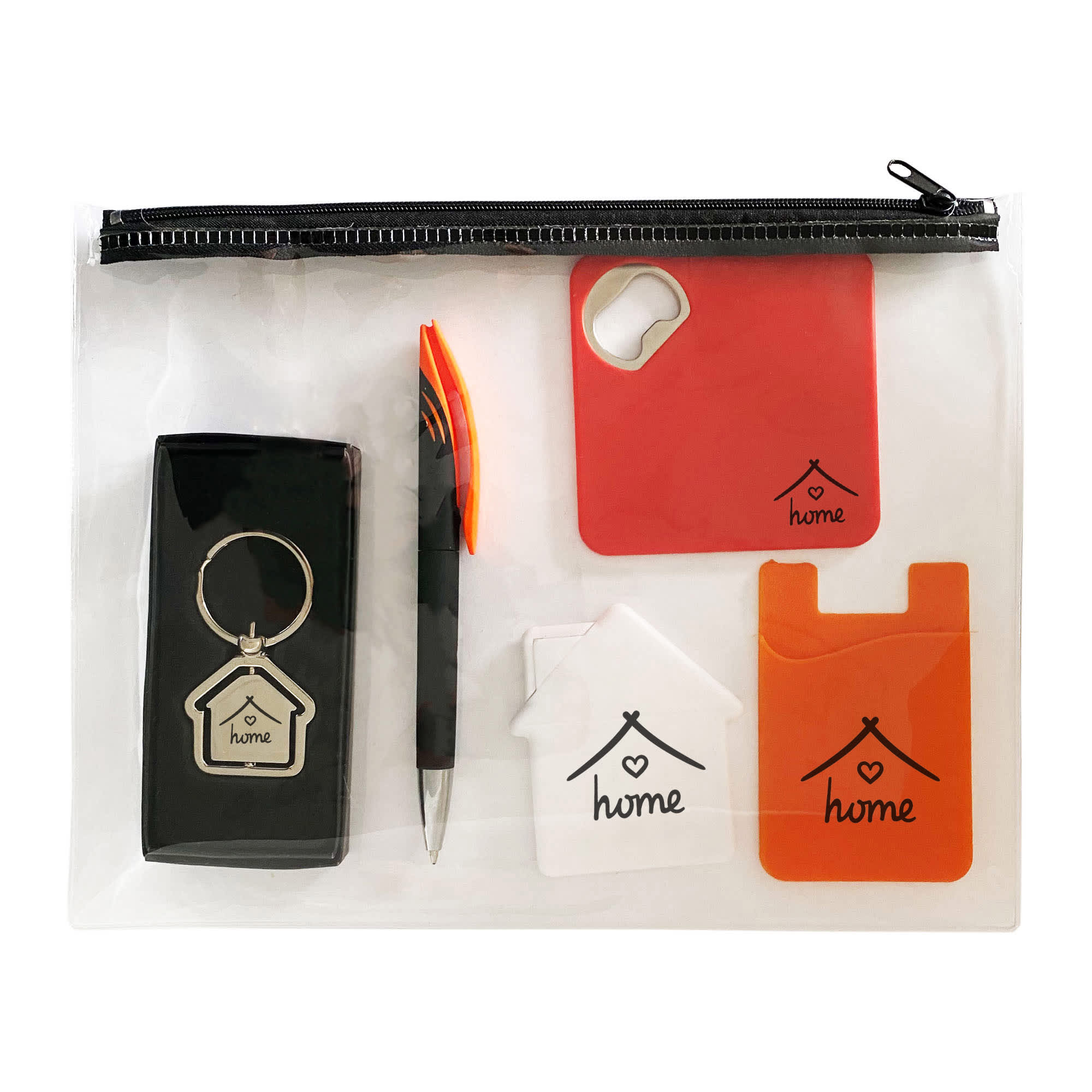 A clear zip pouch containing a black keyring, an orange pen, a red card, and two white cards featuring house designs. Real Estate Bundle - Image 1