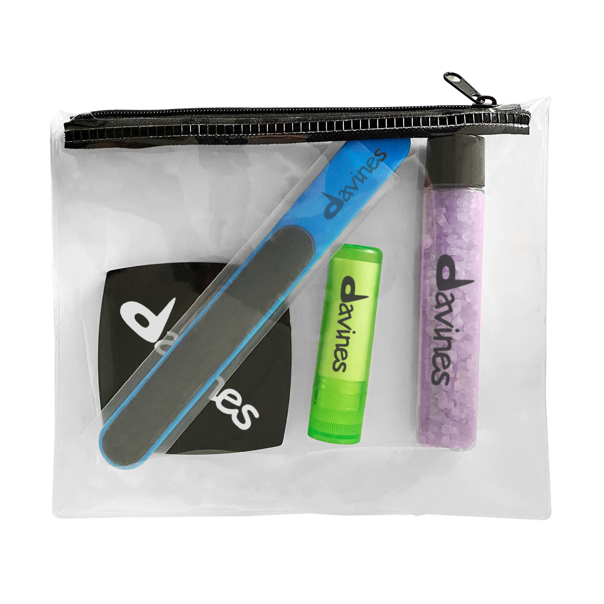 A clear zippered pouch containing a nail file, lip balm, and a tube of bath salts, featuring branding throughout. Beauty Bundle - Image 1