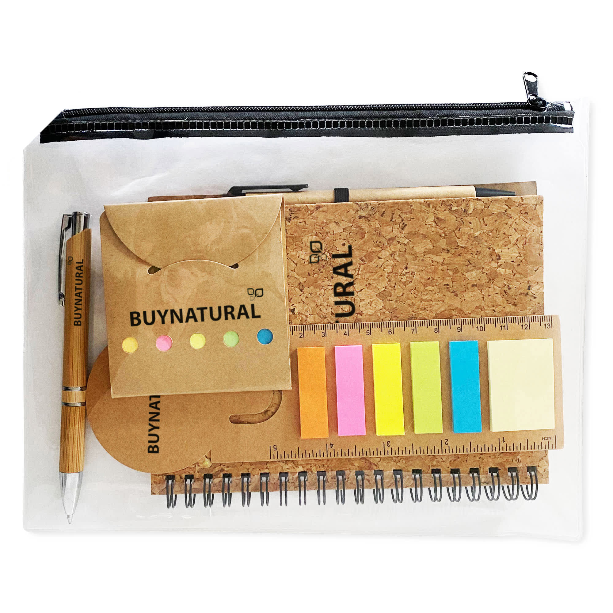 A clear pouch containing a cork notebook, sticky notes in various colours, a pen, and a small organiser. Eco Friendly Bundle - Image 1