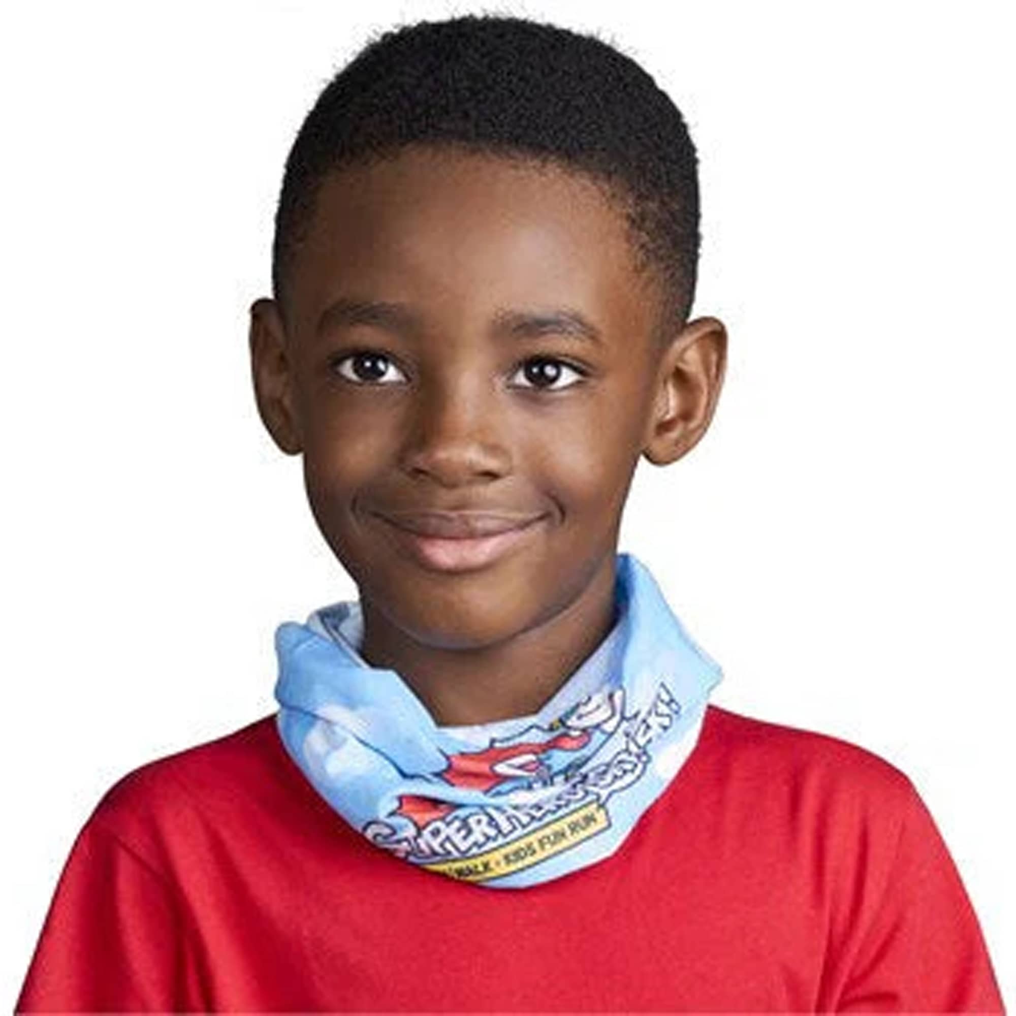 A child wearing a blue tubular bandana featuring a logo, with a red shirt. Tubular Bandana – Kids - Image 1