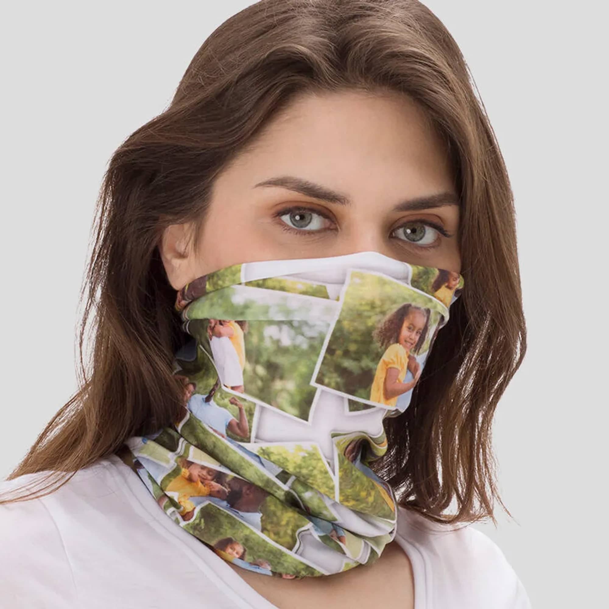 A tubular bandana featuring a multi-coloured design with various photos printed on a soft fabric. Tubular Bandana – Adult - Image 1