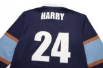 A navy sports jumper featuring brown and light blue stripes with a large white number 24 and a name.