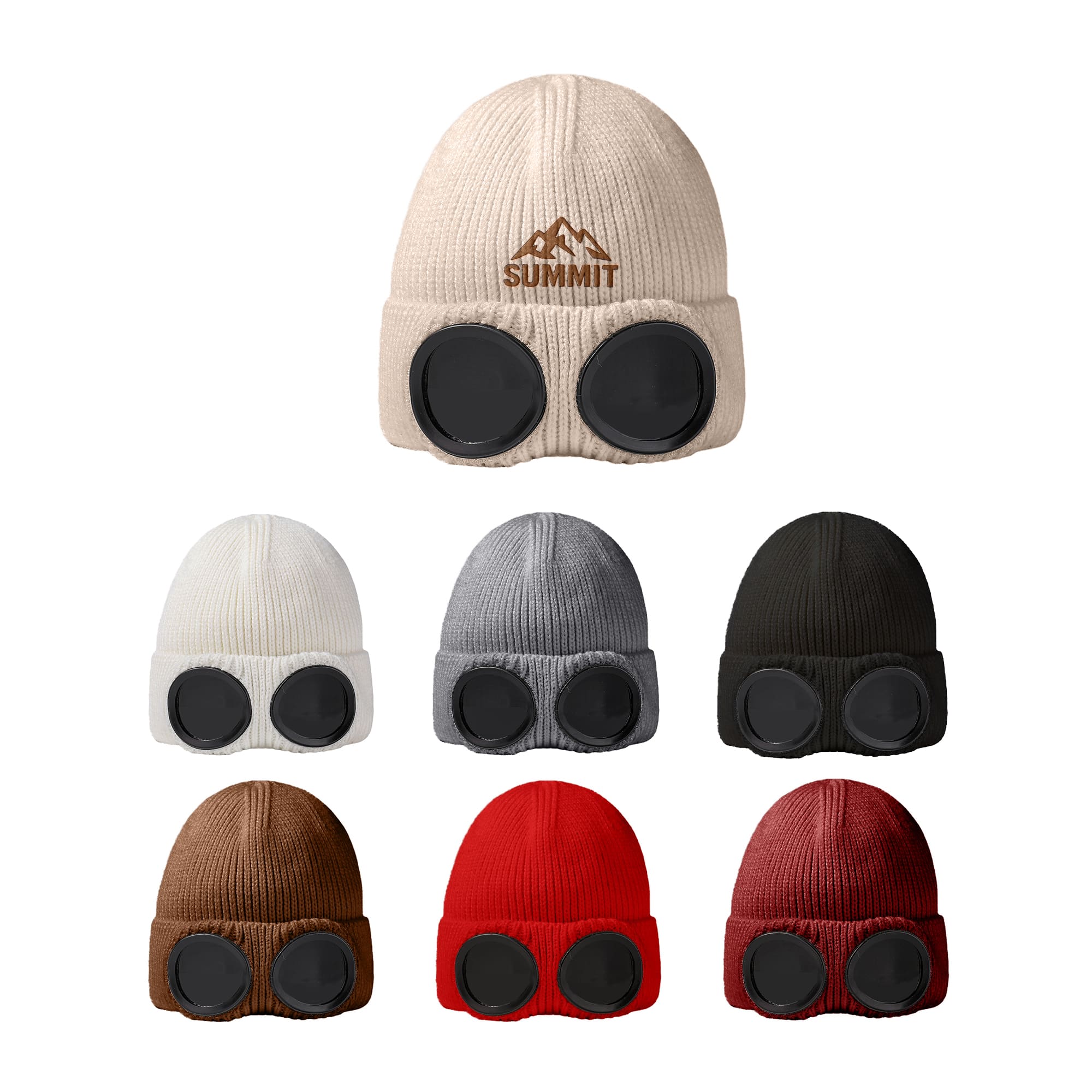 A collection of beanies in various colours, each featuring round goggles on the front and a logo. Beanie With Goggles - Image 1