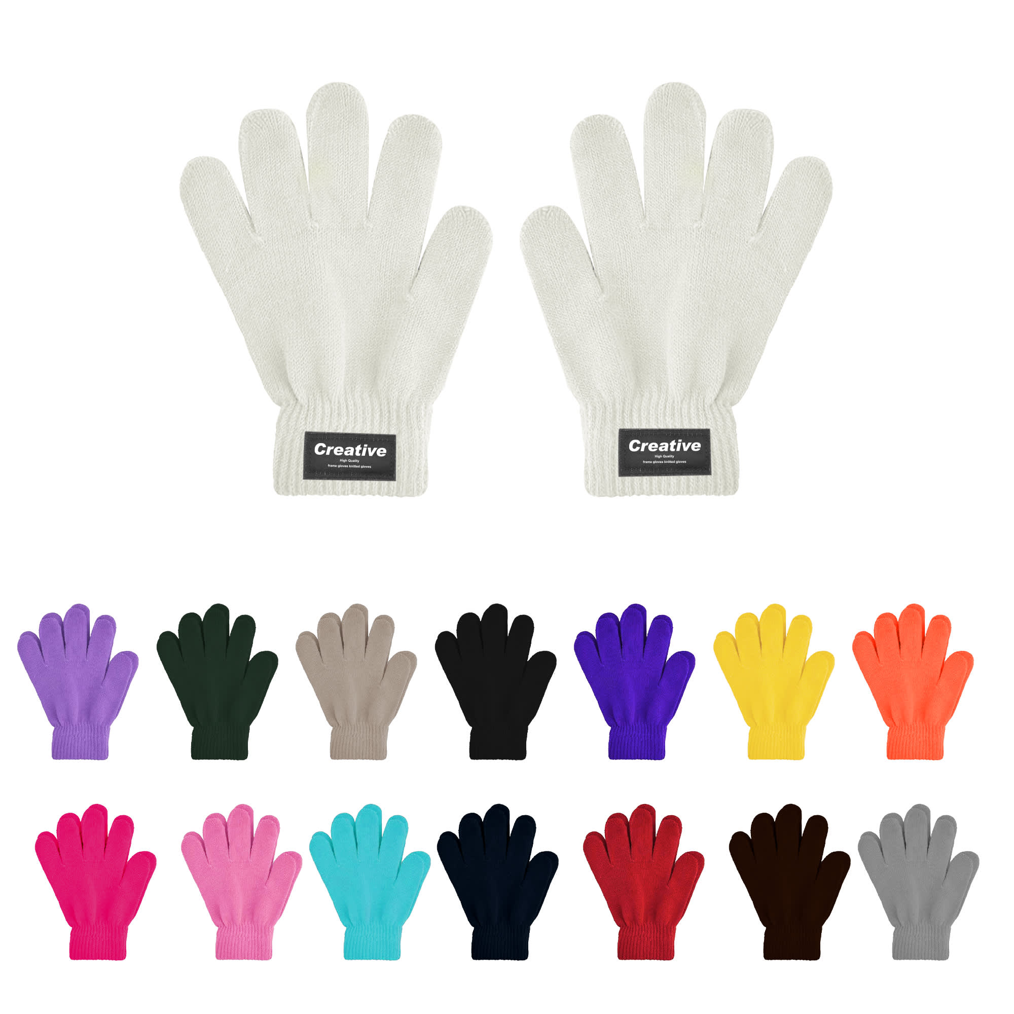A pair of plain knitted gloves in white, surrounded by various coloured gloves, featuring a woven label. Kids Plain Knitted Gloves with Woven Label - Image 1