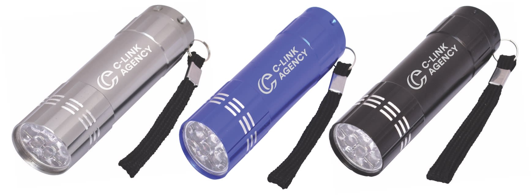 Three mini torches in silver, blue, and black with keychain attachments and a branding logo. Beacon Mini Torch - Image 1