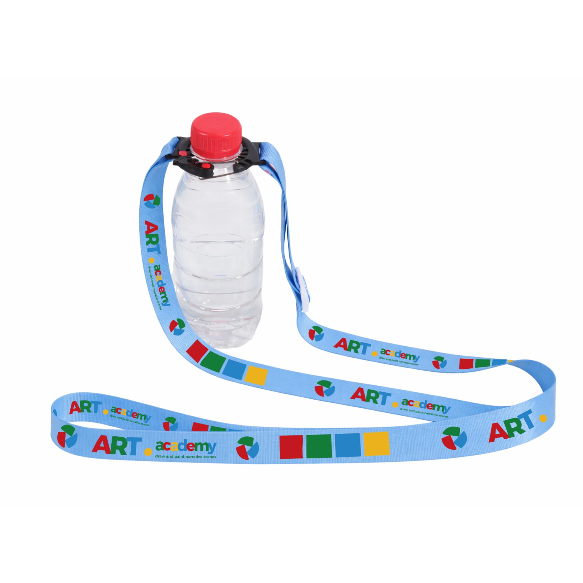 A drink bottle with a red cap attached to a light blue lanyard featuring colourful designs and a logo. Water Bottle Lanyard - Image 1