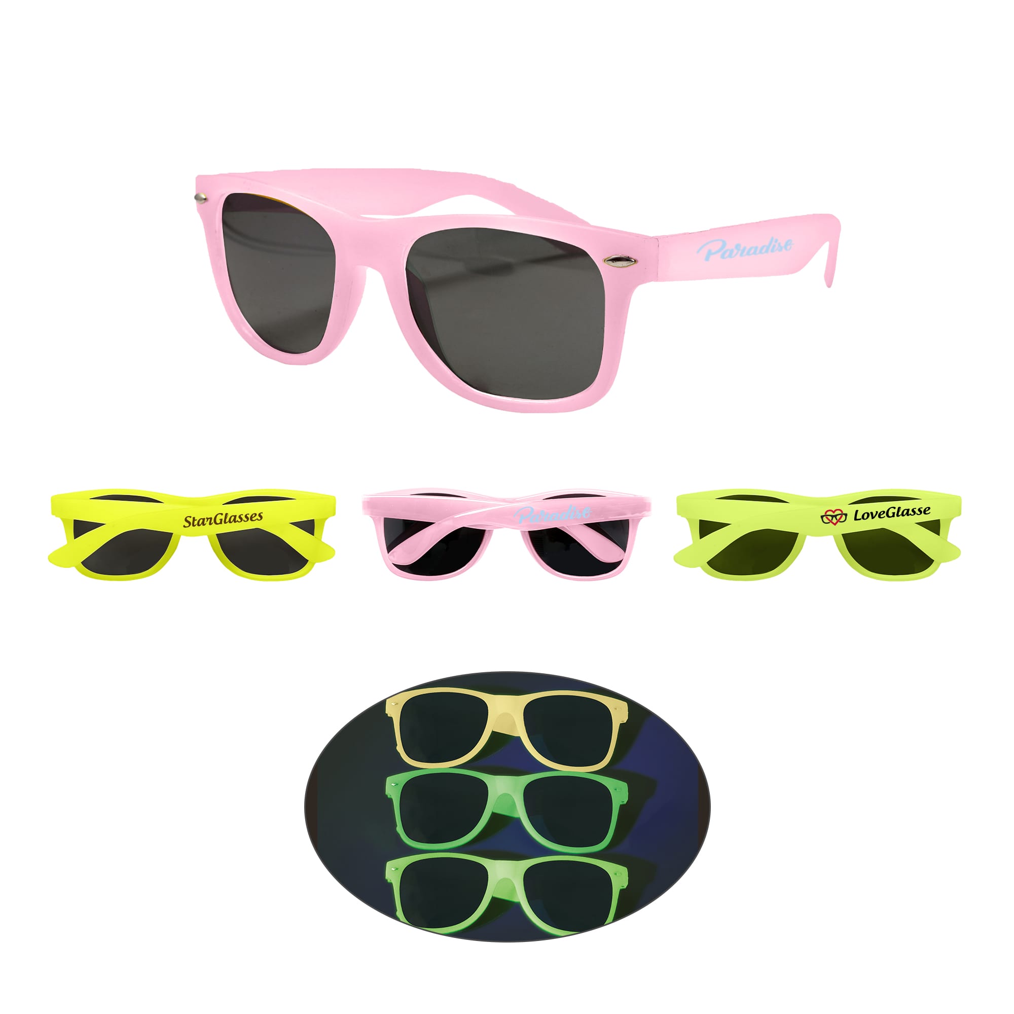 Glow in the dark sunglasses in pink and neon green, featuring different styles and a logo on some pairs. Glow in the Dark Sunglasses - Image 1