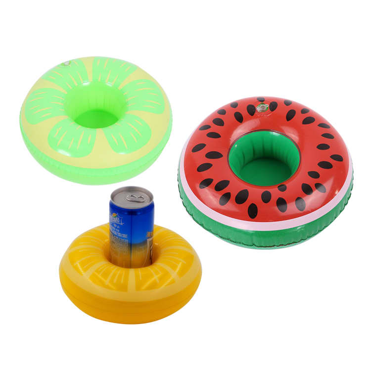 Three inflatable cup holders in bright colours: green, red, and yellow, featuring fruit designs. A can is placed in one holder. Inflatable Cup Holder - Image 1