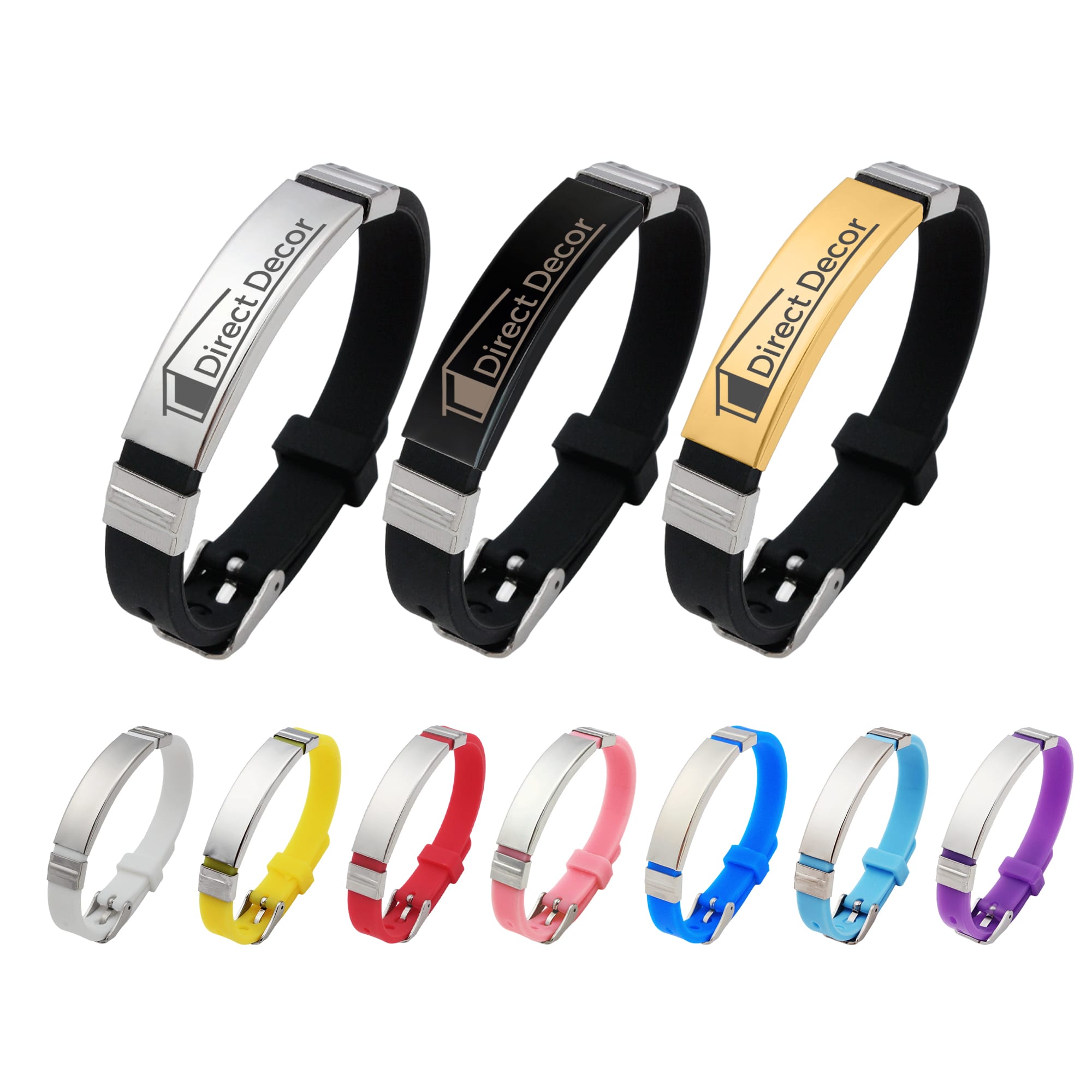 A collection of Colour Metal Bracelets in silver, gold, and various vibrant colours, each featuring a logo. Colour Metal Bracelet - Image 1