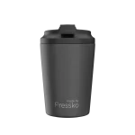 A reusable cup in matte black with a lid and a logo, designed for 8oz (230ml) beverages.