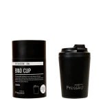 A reusable black cup with a sip-resistant lid and a stainless steel interior, featuring a branding logo.