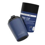 A drink bottle in navy blue, featuring a removable lid and a cylindrical container with a logo.