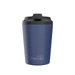 A reusable cup in deep blue with a black lid and a logo. Holds 12oz (340ml).