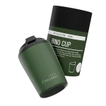 A reusable cup in khaki green, featuring a screw-on lid and a logo, packaged with a cylindrical outer sleeve.