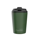 A green reusable cup with a black lid and a logo on the side. Suitable for various beverages.